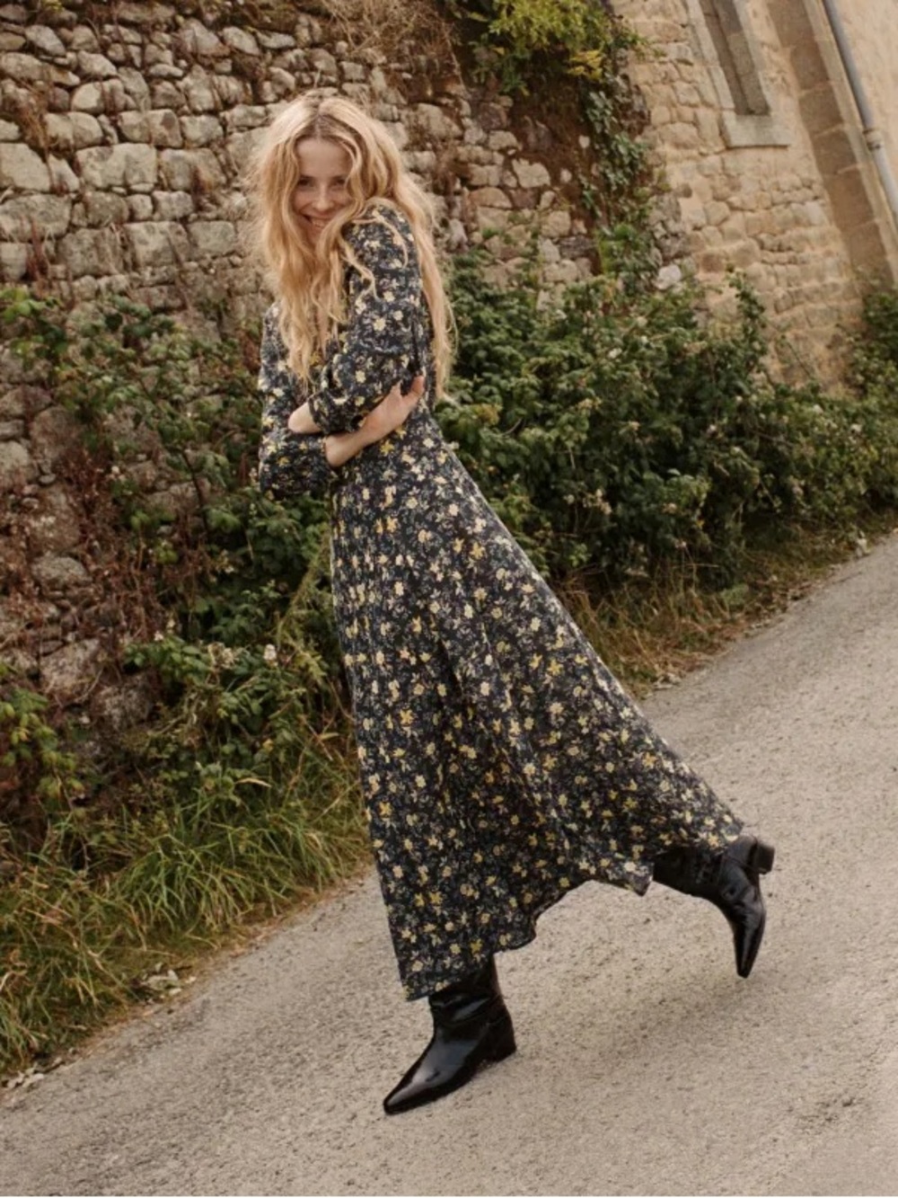 Doen Charleston Cotton V Neck Long Sleeve Maxi Dress Noir Winding Blossoms Black - Picture 4 of 12